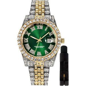 Mens Green Iced-Out Bling Diamond Luxury Quartz Hip Hop Watch